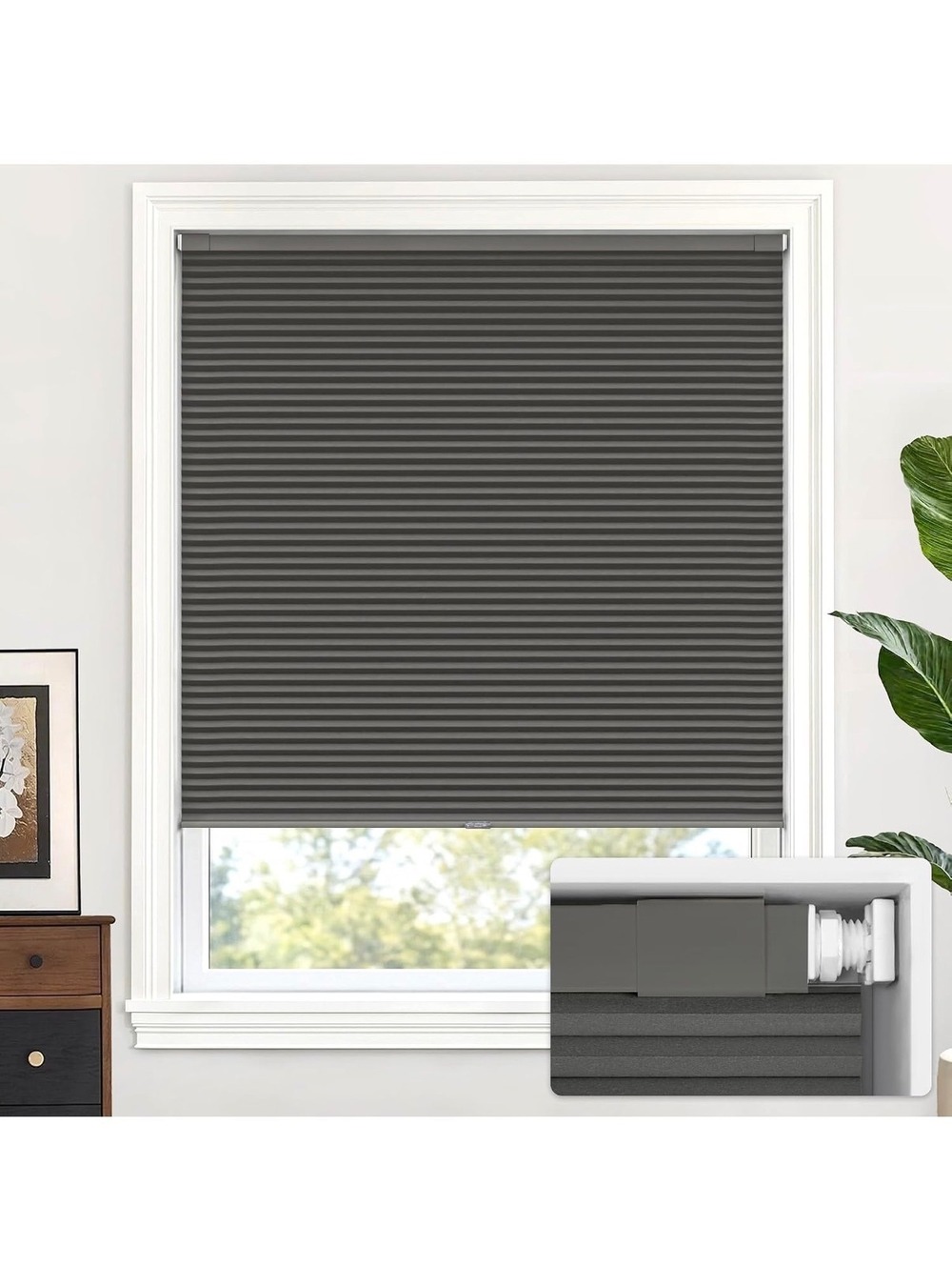 LazBlinds No Drill Cordless Cellular Shades, 48" W × 48" H, Midnight Black